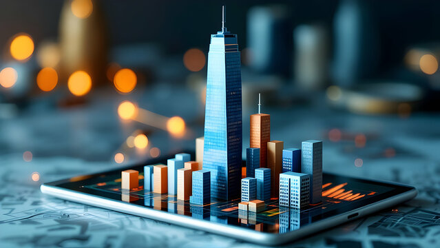 High-Rise Model on Tablet with Skyscraper Bar Graphs and City Map for Urban Investment Trends