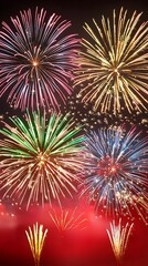 A bright red backdrop with fireworks shooting across the sky, bursting in brilliant colors. The fireworks' colorful trails create a dynamic and exciting visual effect against the red background.