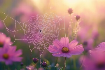 Dew-kissed spiderweb delicately draped across a field of soft pink cosmos flowers at sunrise.