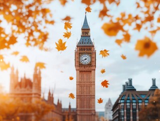 Obraz premium Autumn Leaves Dance Around Iconic Big Ben London Scenic Photography Urban Landscape Wide Angle Seasonal Beauty