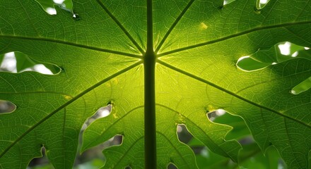 Green Papaya Leaf Illuminated with Sunlight Showing Veins and Texture