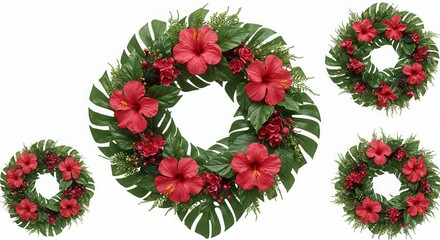 Hibiscus Flower Wreath Collection with Tropical Leaves and Red Accents