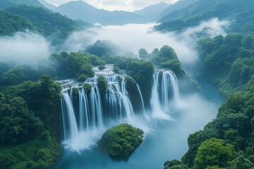 Fototapeta premium Majestic Waterfall in Misty Mountains