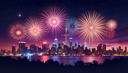 Colorful fireworks illuminating city skyline on New Year's Eve, celebration