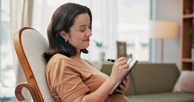 Home, pregnant and woman writing in notebook for baby name ideas, prenatal list or maternal planning. Notes, pregnancy and happy mother with diary for experience, future expectation or track growth