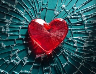 shattered red glass heart on dark teal background