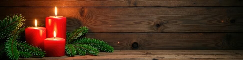 Brown wooden wall features a festive holiday scene with lit candles and green fir branches, Lit Candles, Holiday Decor, Green Fir Branches