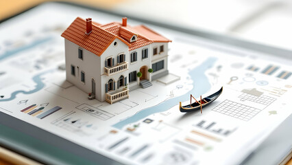 Venetian Villa Model on Tablet with Waterway Graphs and Gondola Icons for Luxury Canal Markets
