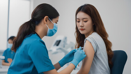 Focused nurse in blue scrubs administering vaccine injection to calm young woman