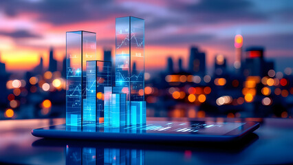 Glass Skyscraper Model Reflecting Bar Graphs on Tablet with City Skyline Dusk Background