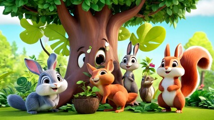 Fototapeta premium A group of squirrels standing in front of a tree.