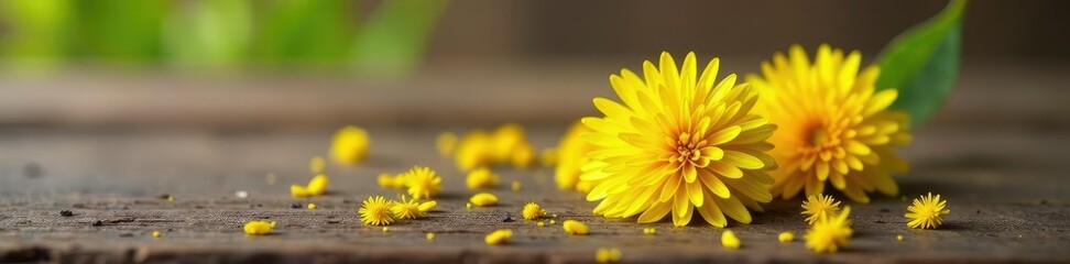 Fototapeta premium Bundle of dandelion seeds on a wooden surface, showcasing natural texture, dandelion, plant life, botanicals