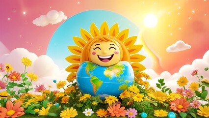 Naklejka premium A sun with a smiley face sitting on top of a globe surrounded by flowers.