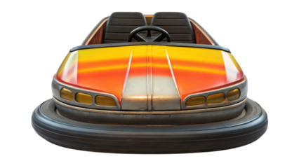 Sleek bumper car with metallic finish, featuring vibrant orange and yellow stripes. Perfect for amusement parks