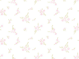 Cute pink small daisy flower with green leaves, branch bloom, floral ditsy seamless pattern for girl and woman dress, fashion fabric print textile, spring easter vibe, summer art. Vector illustration