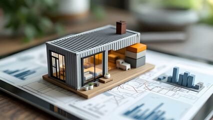 Fototapeta premium Shipping Container House Model on Tablet with&nbsp;Stacked Bar&nbsp;Graphs and Port&nbsp;Maps for Urban Mobility