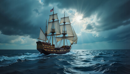 Fototapeta premium Pirate ship navigating stormy seas, adventure and bravery