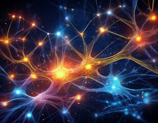 Fototapeta premium a vibrant abstract representation of a neuron showcasing intricate connections and glowing particles against a dark background