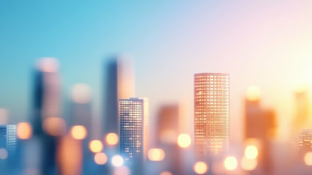 Blurred cityscape with bokeh lights highlighting modern skyscrapers at sunrise