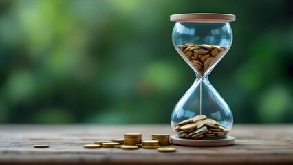 Coin Hourglass Siphoning Savings into Stock Hourglass with Digital Time Stamps for Timed Investments