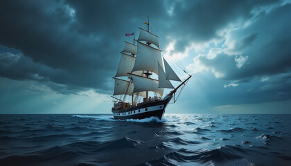 Obraz premium Dramatic pirate ship sailing through stormy seas, adventure awaits