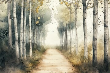 Delicate woodland path lined with trees, created in a minimal watercolor style