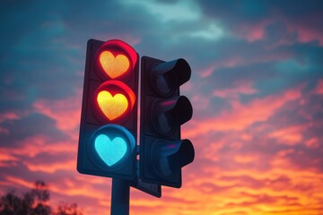 A traffic light with three hearts shines brightly as dusk approaches, set against a dramatic sky filled with colors typical of twilight