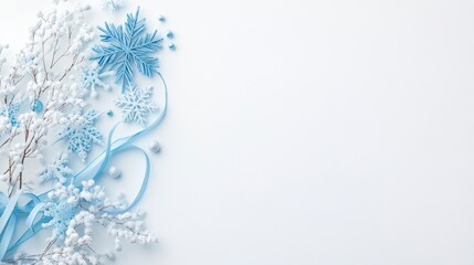 Light Blue and White Paper Snowflakes and Ribbons on White Background