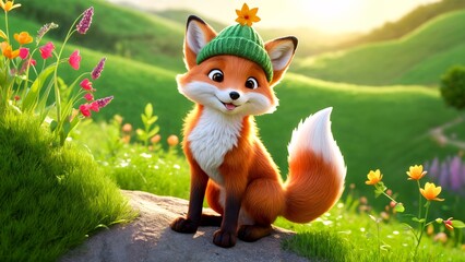 A fox sitting on top of a rock in a field of flowers.