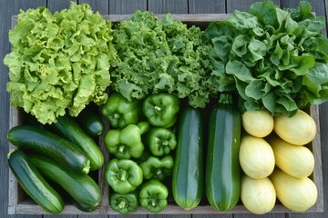 A wooden crate filled with various fresh green vegetables, including lettuce, zucchini, peppers, and squash.