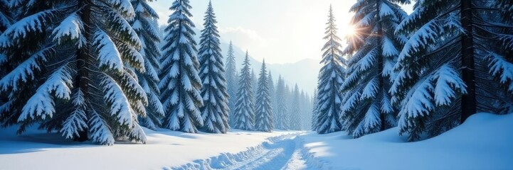 Fototapeta premium Dense fir trees towering above snow-covered forest floor, snow, frosty, nature