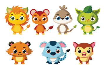 Obraz premium Colorful set of little cartoon animals, Animals riding on swings, forest animals with large eyes, Various monsters by hand drawn