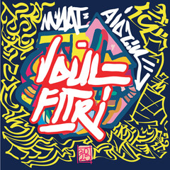This illustration features a graffiti-style artwork with the words "Idul Fitri" in bold, colorful lettering. The design is vibrant and festive, celebrating the joyful occasion of Eid al-Fitr.