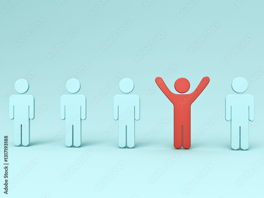 Fototapete Stand out from the crowd and different creative idea concepts One red man standing with arms wide open among blue people on light blue background and shadow business creative idea concept 3D rendering