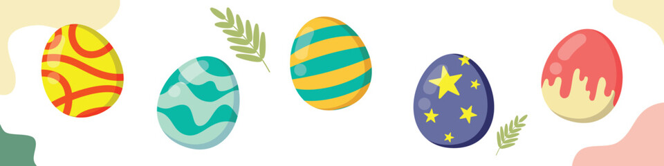 Happy Easter vector illustration on white background. Trendy Easter design with eggs and leaf in soft colors for banner, poster, greeting card