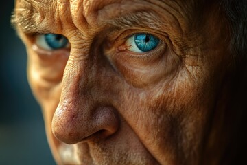 Obraz premium Close-up portrait of an elderly man with deep wrinkles and intense blue eyes, conveying age and wisdom.