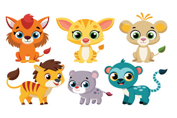 Naklejka premium Colorful set of little cartoon animals, Animals riding on swings, forest animals with large eyes, Various monsters by hand drawn