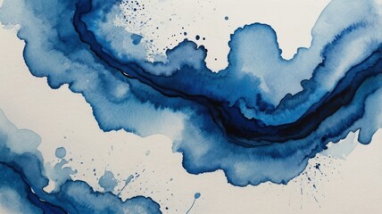 Obraz premium An abstract blue watercolor painting on white paper, showcasing fluid and expressive brushstrokes.