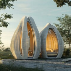 A high-rise green building with wind turbines integrated into its smart construction.