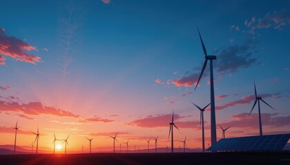 Obraz premium Vibrant Renewable Energy Concept: Digital Illustration Wind Turbines Solar Panels Sunset Colorful Sky Eco-Friendly Promotional Material