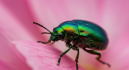 Fototapeta premium Iridescent Beetle Crawling on Pink Flower Petal in Macro Shot