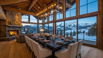 Fototapeta premium Cozy Modern Dining Room with Mountain View and Rustic Charm