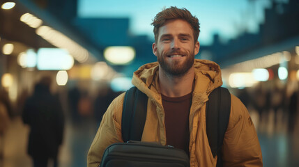 Fototapeta premium Cheerful Traveler Walking Through Airport Terminal at Sunset