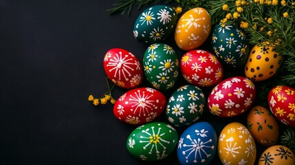 Fototapeta premium Colorful Easter eggs on a black background