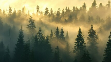 Obraz premium Misty Sunrise Forest Landscape with Golden Light