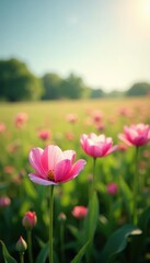 Obraz premium Gentle breeze rustling leaves of blooming flowers in a field, blooms, blossoms