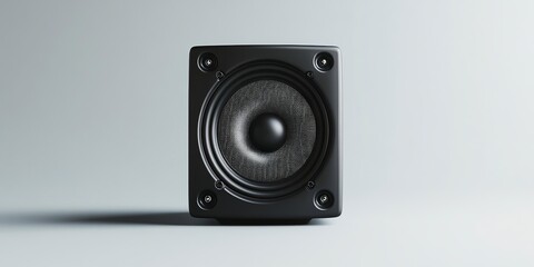 Black cube speaker on white background. Detailed view of the speaker's grill and circular driver. Minimalist and modern aesthetic