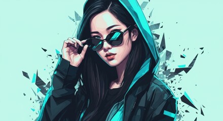 Stylish woman in sunglasses with a vibrant turquoise background