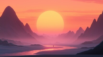 Serene Sunset Over Mountain Landscape with Tranquil River View