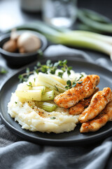 Plate with mashed potatoes, cooked leek slices, and small chicken strips